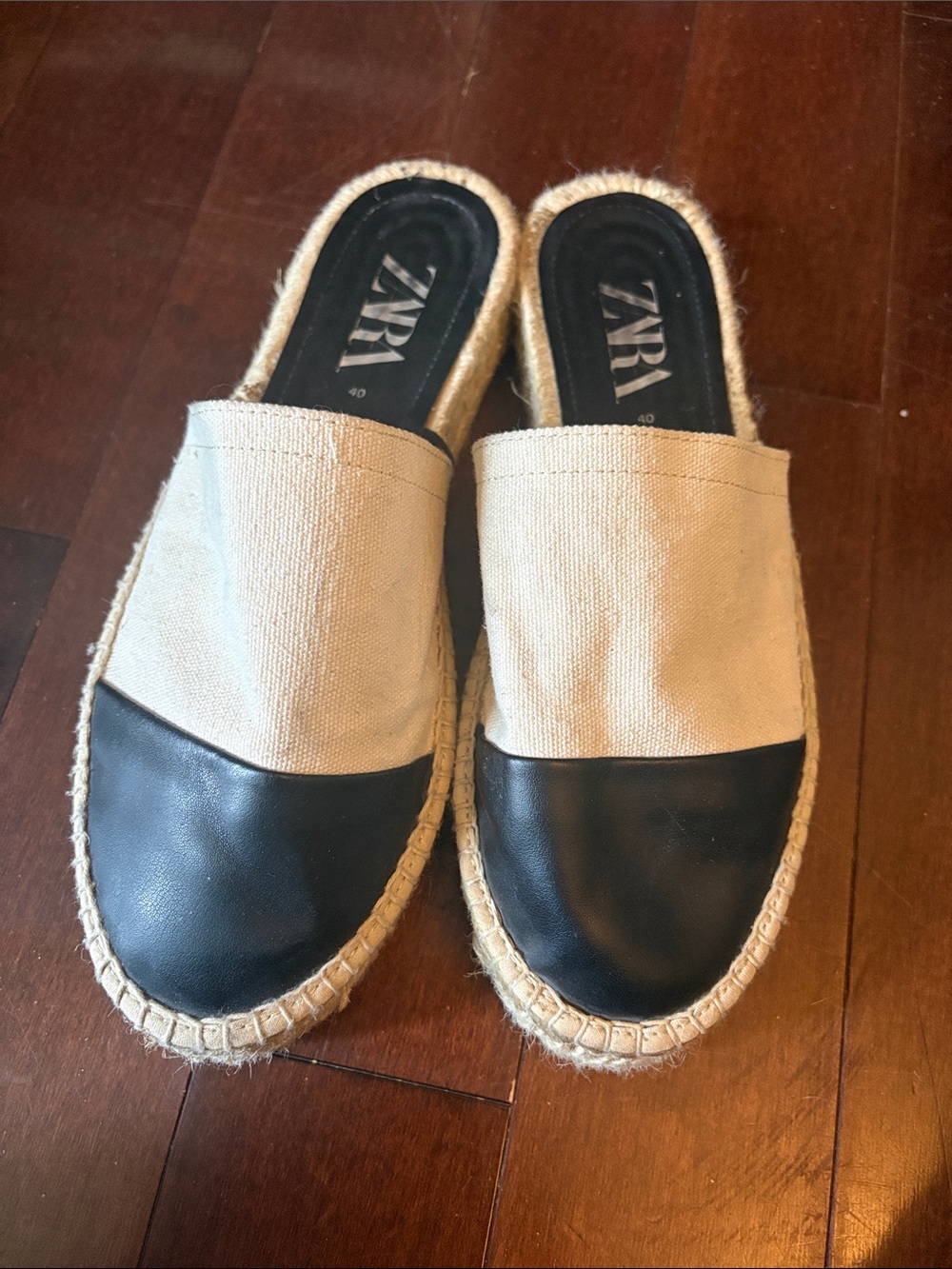 ZARA Two-Tone Cream Canvas and Black Toe Espadrille Mules